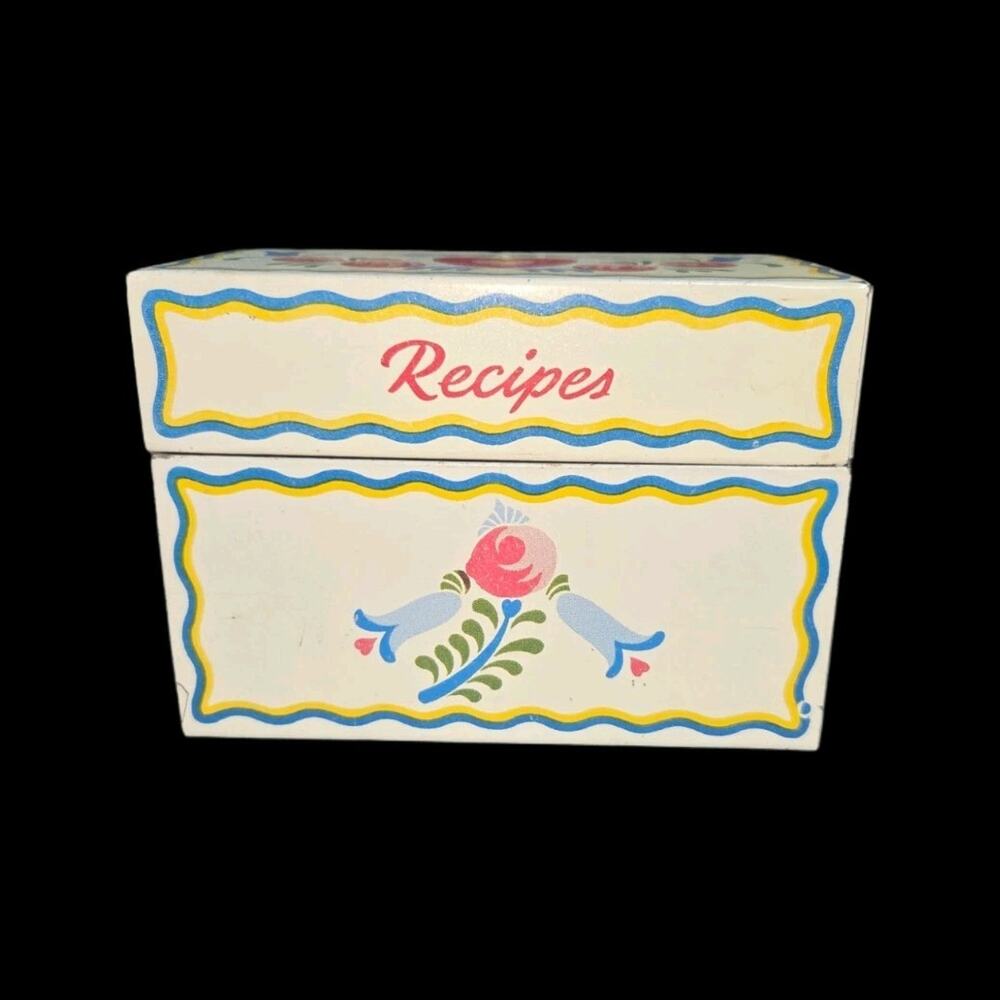 Ohio Art 1950s Floral Hinged Tin Recipe Box, White Painted Metal W/Recipes